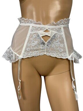 Victoria’s Secret White Lace Sheer Garter Belt Medium Rhinestone Bow Adjustable